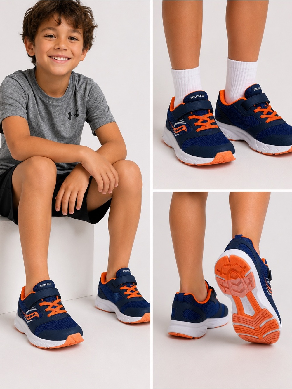 Saucony Wind FST AC Boys 3.5Y Navy Orange Running Sneakers Hook & Loop